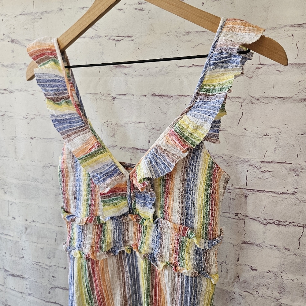 Saylor Alma Dress Rainbow Striped Crepe Smocked Bust Ruffle Strap Dress Small - Picture 3 of 15